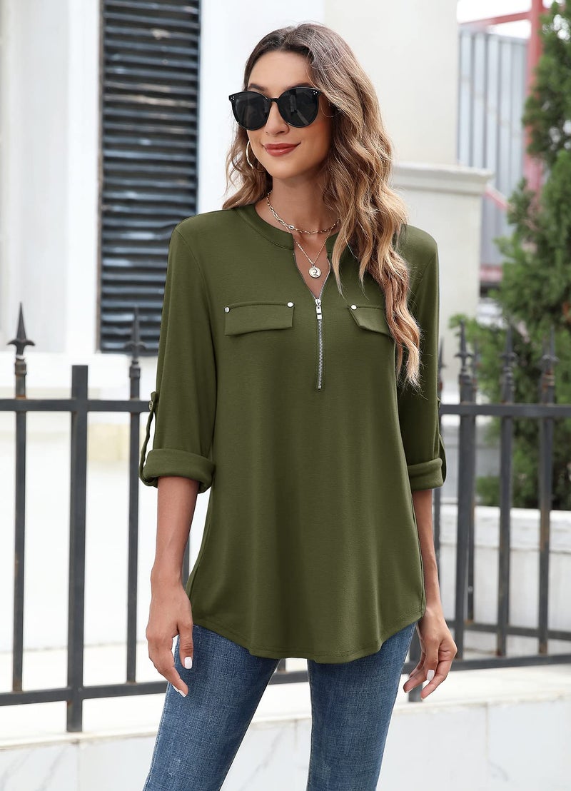 Bulotus Women's Plus Size Solid 3/4 Sleeve Zipper Top Casual Shirt,Green,XX-Large - Image 2